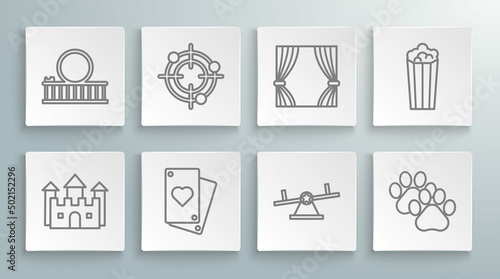 Set line Castle, Target sport for shooting competition, Playing card, Seesaw, Paw print, Curtain, Popcorn cardboard box and Roller coaster icon. Vector