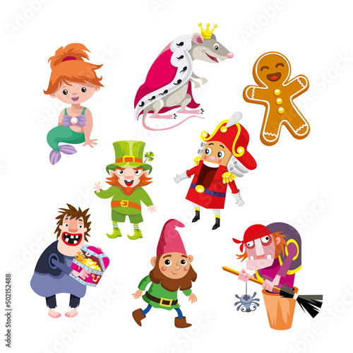 Set of fairytale isolated characters in cartoon style on white background. Icons for design of postcards, posters, books. Vector illustration. © AngArt