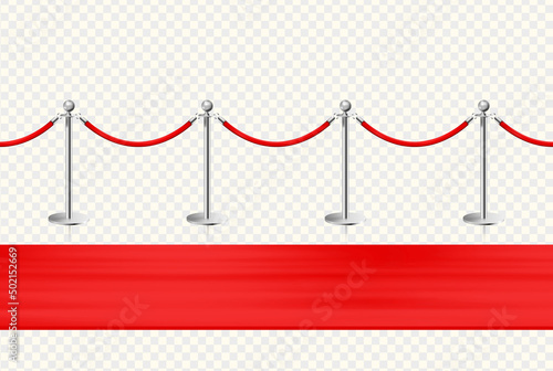 Red carpet and silvery barriers front view. Realistic isolated fence on transparent background. Vector illustration.
