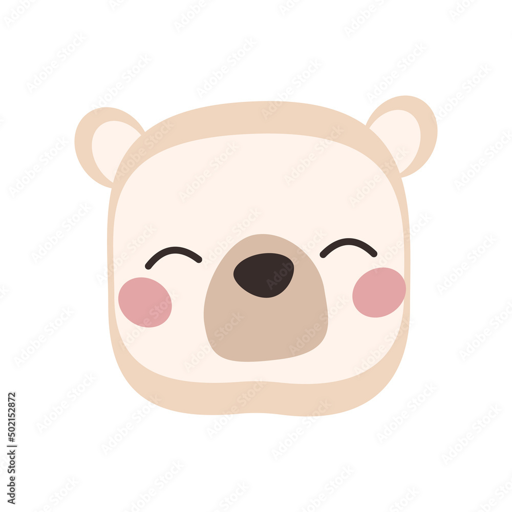 Head of cute polar bear in childish style with smile muzzle and eyes. Funny white animal with happy face. Vector flat illustration for holidays Head of cute polar bear in childish style with smile muzzle and eyes. Funny white animal with happy face. Vector flat illustration for holidays