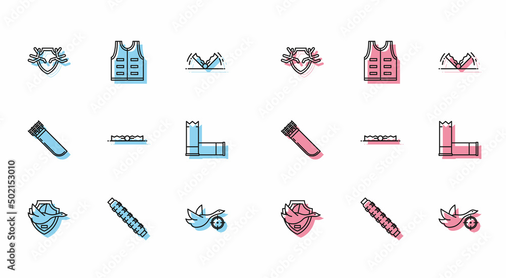 Set line Flying duck on shield, Hunting cartridge belt with cartridges, Deer antlers, crosshairs, Trap hunting, Cartridges, Quiver arrows and jacket icon. Vector Set line Flying duck on shield, Hunting cartridge belt with cartridges, Deer antlers, crosshairs, Trap hunting, Cartridges, Quiver arrows and jacket icon. Vector
