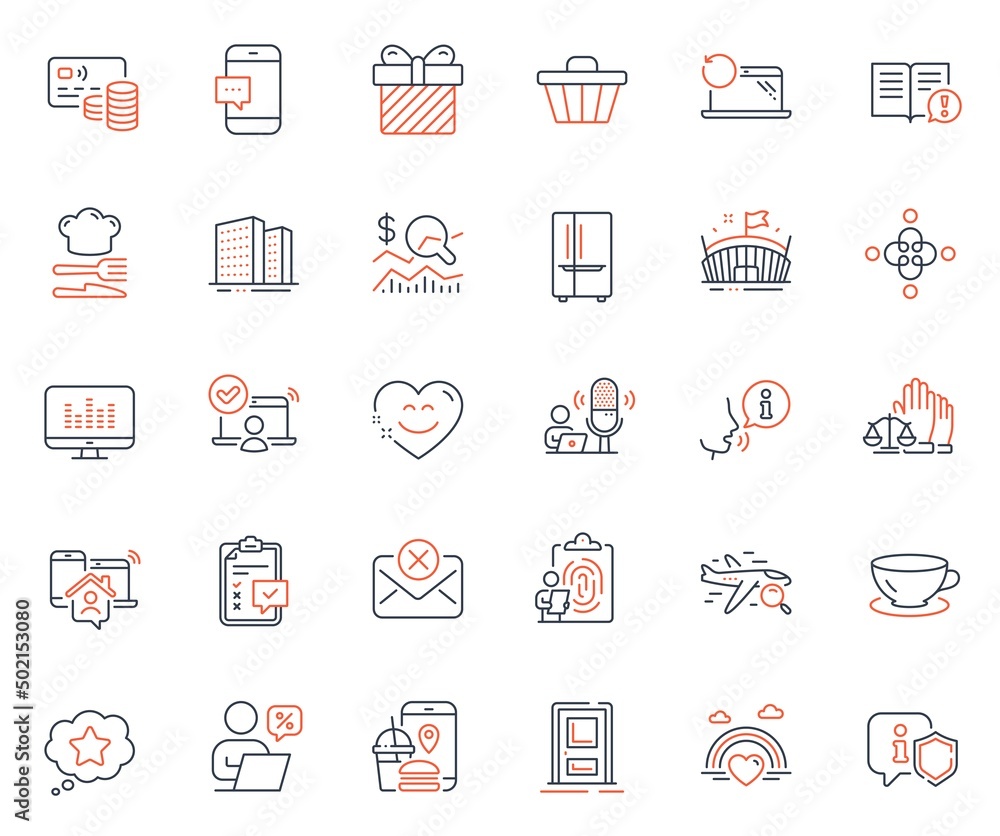 Business icons set. Included icon as Entrance, Checklist and Smartphone message web elements. Music making, Smile chat, Shop cart icons. Online discounts, Facts, Search flight web signs. Vector