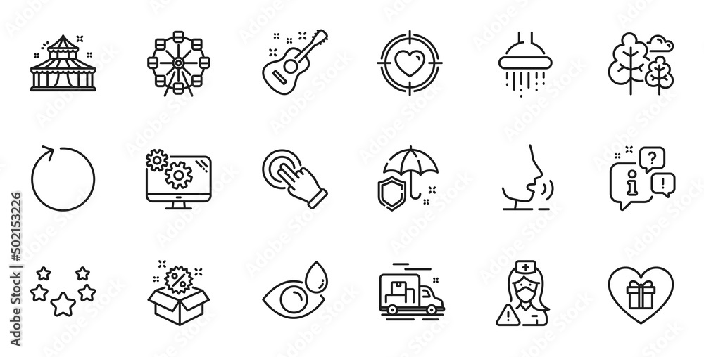 Outline set of Tree, Touchscreen gesture and Guitar line icons for web application. Talk, information, delivery truck outline icon. Include Ferris wheel, Stars, Shower icons. Vector