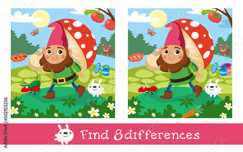 Find 8 differences. Game worksheet for children. Vector color illustration. Fairy tale cute dwarf. 