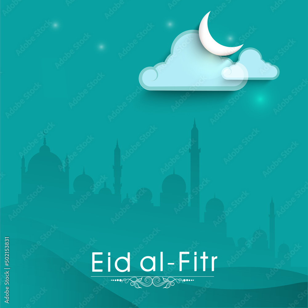 Eid-Al-Fitr Greeting Card With Crescent Moon, Clouds On Dark Cyan Silhouette Mosque Background.