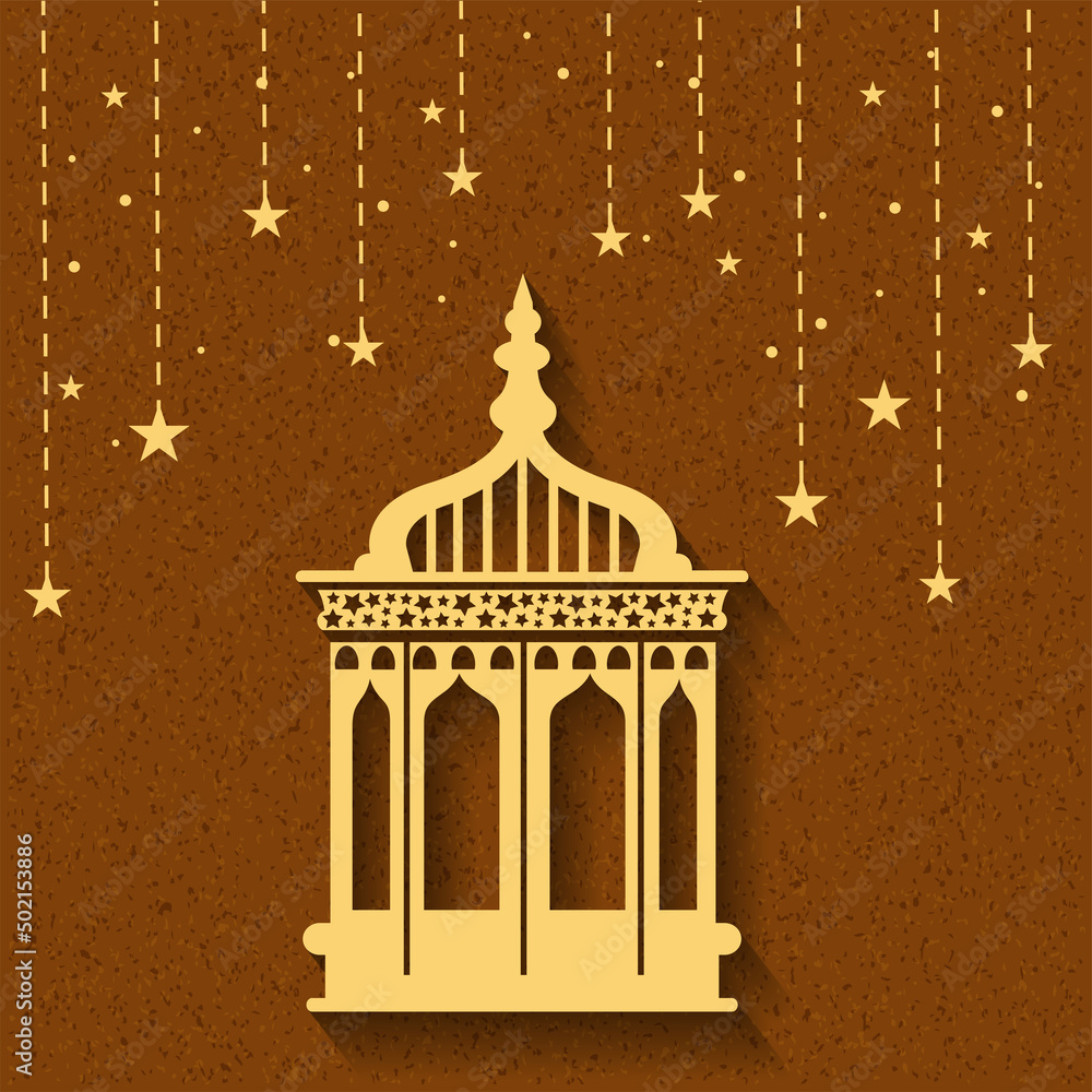 Islamic Festival Celebration Concept With Arabic Lantern And Stars Hang On Brown Grain Effect Background.