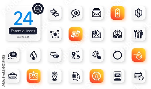 Set of Technology flat icons. User info, Timer and Mail elements for web application. Text message, Hydroelectricity, Covid app icons. Delivery, Rating stars, Cogwheel elements. Vector