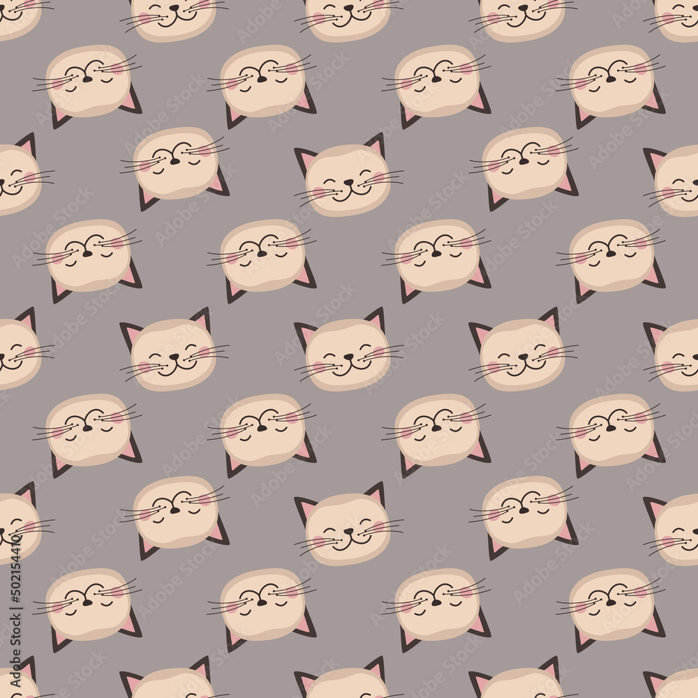 Fototapeta premium Seamless pattern with cute cat in childish style with smile muzzle and eyes. Funny print of pet with happy face. Vector flat illustration for holidays