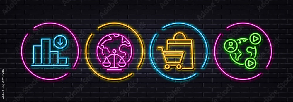 Sale bags, Decreasing graph and Magistrates court minimal line icons. Neon laser 3d lights. Video conference icons. For web, application, printing. Vector