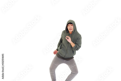 Smiling Asian young professional dancer man is break dancing by isolataed on white background in studio. Education and sport for hobbies concept.