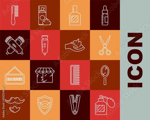 Set line Aftershave, Hand mirror, Scissors hairdresser, Electrical clipper shaver, Crossed electrical, Hairbrush and Shaving gel foam on hand icon. Vector