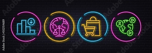 Sale bags, Decreasing graph and Magistrates court minimal line icons. Neon laser 3d lights. Video conference icons. For web, application, printing. Vector