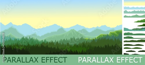Foggy morning in coniferous forest with parallax effect. Silhouettes of trees. Wild hilly landscape. Mountains. Pine, cedar. Landscape is horizontal. Illustration vector