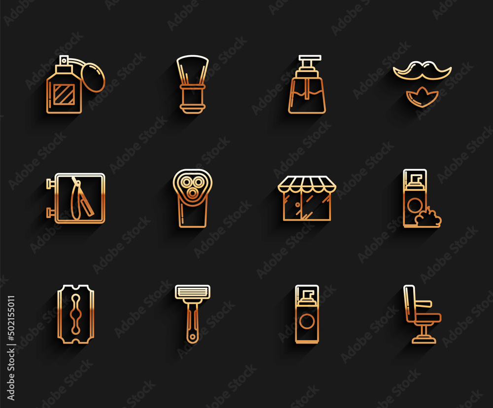 Set line Blade razor, Shaving, Aftershave, gel foam, Barbershop chair, Electrical clipper shaver, and building icon. Vector Set line Blade razor, Shaving, Aftershave, gel foam, Barbershop chair, Electrical clipper shaver, and building icon. Vector