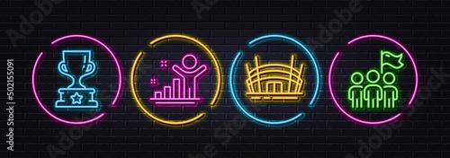 Winner, Winner cup and Arena stadium minimal line icons. Neon laser 3d lights. Leadership icons. For web, application, printing. Best result, Award cup, Competition building. Vector