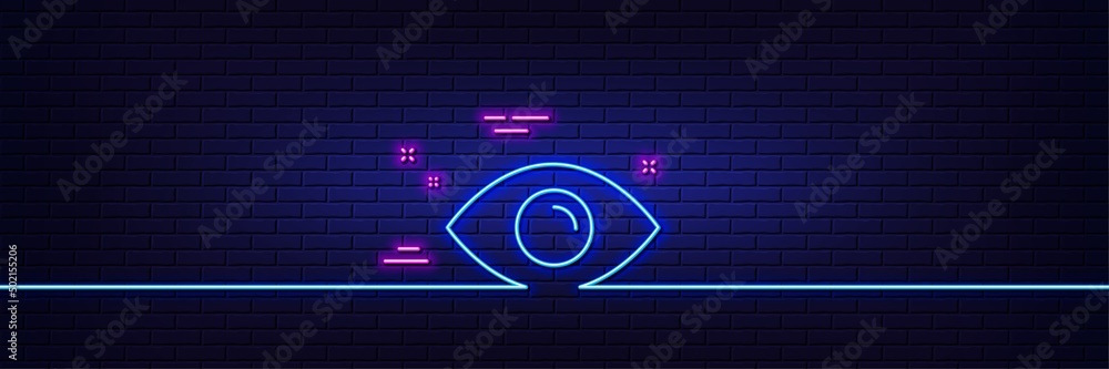 Neon light glow effect. Eye line icon. Look or Optical Vision sign. View or Watch symbol. 3d line neon glow icon. Brick wall banner. Eye outline. Vector Neon light glow effect. Eye line icon. Look or Optical Vision sign. View or Watch symbol. 3d line neon glow icon. Brick wall banner. Eye outline. Vector