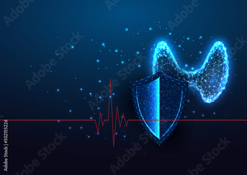 Futuristic thyroid protection, healthcare concept with glowing low poly thyroid gland and shield 
