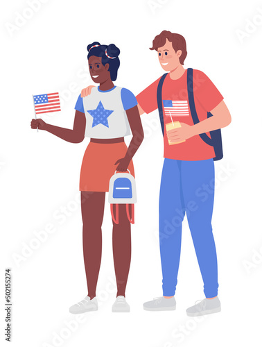 Couple of American patriots semi flat color vector characters. Standing figures. Full body people on white. Independence day simple cartoon style illustration for web graphic design and animation