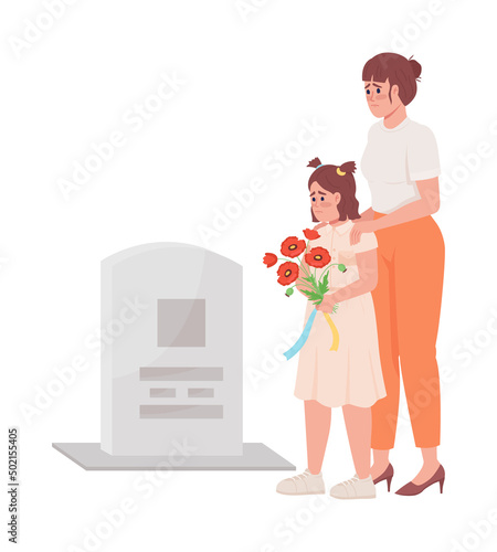 Mother and girl on grave semi flat color vector characters. Standing figures. Full body people on white. Memorial day in Ukraine simple cartoon style illustration for web graphic design and animation