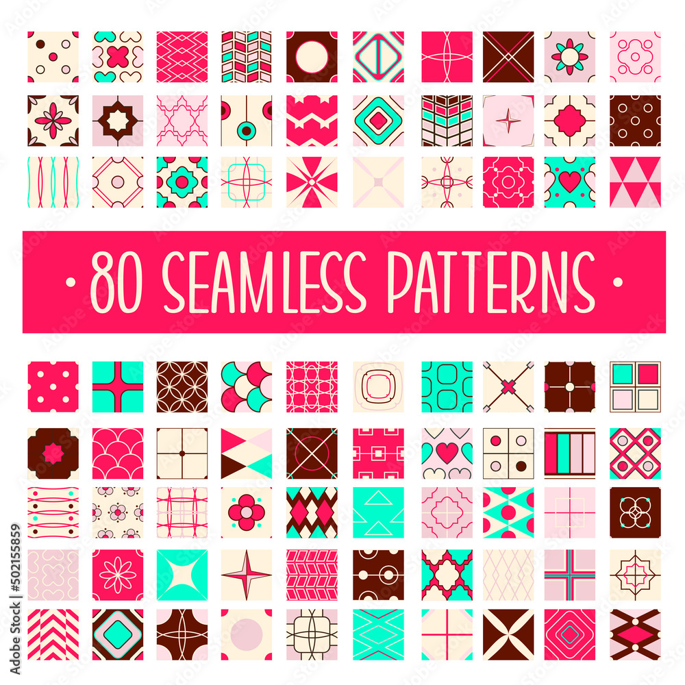 Set of 80 retro vector geometric seamless patterns (tiling) of red, black, pink and green color. Endless texture can be used for pattern fills, web page background, surface and textile texture Set of 80 retro vector geometric seamless patterns (tiling) of red, black, pink and green color. Endless texture can be used for pattern fills, web page background, surface and textile texture