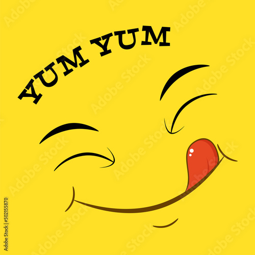 Yummy emoji. Smiling yummy emoticon on yellow background. Inscription Yum yum. Tasty food, gourmet enjoying taste, cook icon. Can be used with t-shirt, stickers, card design. Vector illustration EPS8