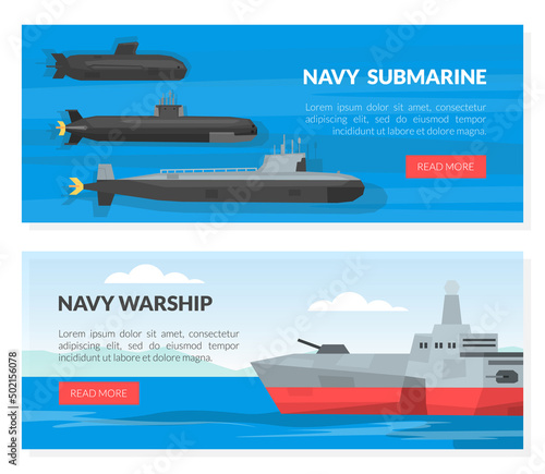Web Banner with Warship or Combatant Submarine Ship as Marine Vessel for Naval Warfare Vector Template