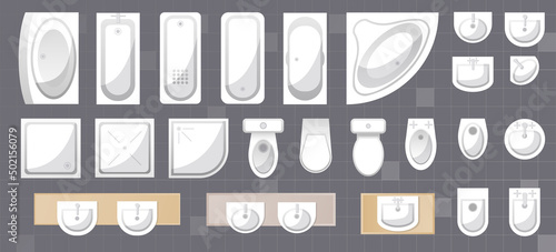 Toilet, bathroom furniture and equipment top view set for interior design of restroom. Architectural collection. Baths, shells, toilets, bidets, urinals, showers. View from above. Vector in flat style
