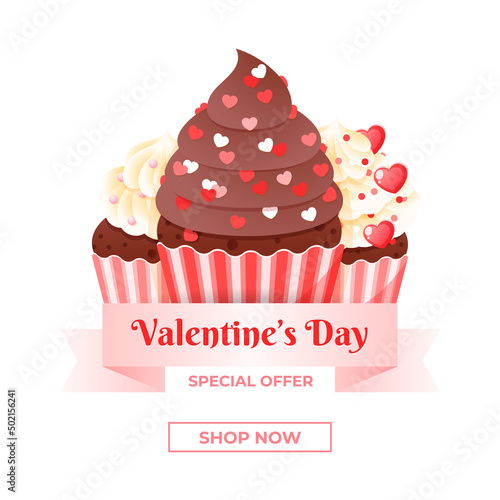 Valentine's day special offer banner template. Illustration of cupcakes decorated with cream and hearts. Vector 10 EPS.
