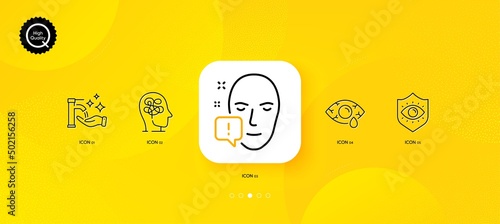 Face attention, Ð¡onjunctivitis eye and Washing hands minimal line icons. Yellow abstract background. Eye protection, Stress icons. For web, application, printing. Vector