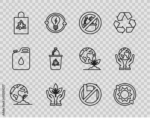 Set line Earth globe and plant, No trash, Plant in hand of environmental protection, Plastic bag with recycle, Recycle bin symbol, Say no to plastic bags poster and Human hands holding icon. Vector