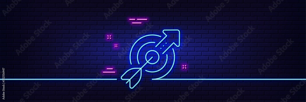 Neon light glow effect. Target aim line icon. Financial Target sign. Business objective symbol. 3d line neon glow icon. Brick wall banner. Target outline. Vector Neon light glow effect. Target aim line icon. Financial Target sign. Business objective symbol. 3d line neon glow icon. Brick wall banner. Target outline. Vector