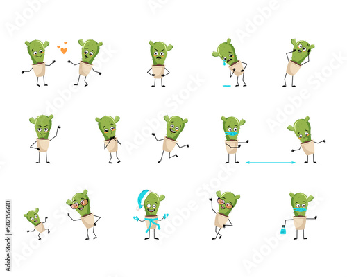 Set of cute cactus character in pot with happy or sad emotions, panic, loving or brave face, hands and legs. Houseplant with mask, glasses or hat. Vector flat illustration