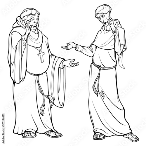 Two Catholic monks fat and skinny gesturing. Medieval gothic style concept art. Design element. Black line drawing isolated on white background. EPS10 vector illustration