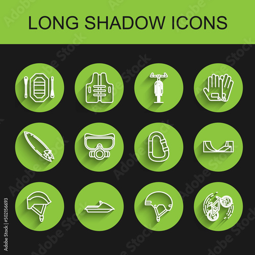 Set line Bicycle helmet, Jet ski, Rafting boat, Helmet, trick, Diving mask, Skate park and Carabiner icon. Vector