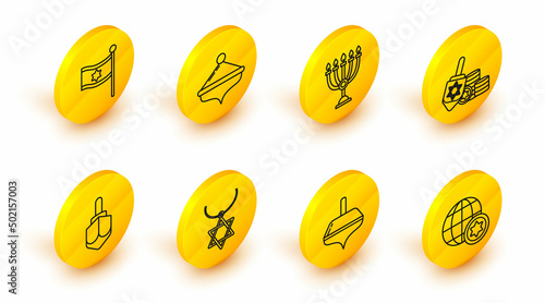 Set line World Globe and Israel, Hanukkah dreidel, Star of David necklace on chain, coin, menorah, and Flag icon. Vector