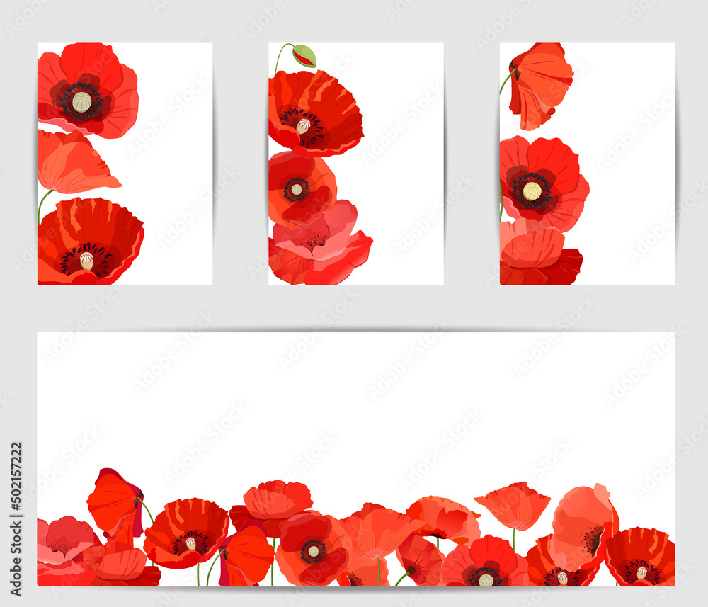 Set of banners with red poppies on  white background - obrazy, fototapety, plakaty 