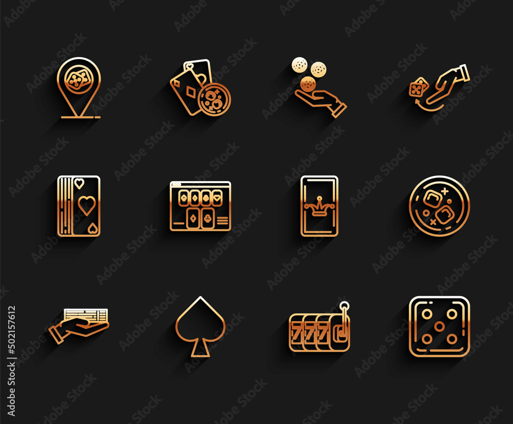 Set line Hand holding deck of playing cards, Casino location, Slot machine lucky sevens jackpot, Game dice, Online poker table game, Glass whiskey cubes and Joker icon. Vector Set line Hand holding deck of playing cards, Casino location, Slot machine lucky sevens jackpot, Game dice, Online poker table game, Glass whiskey cubes and Joker icon. Vector