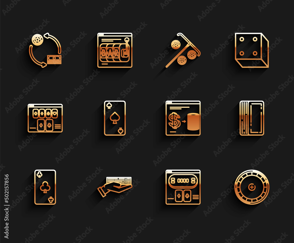 Set line Playing card with clubs symbol, Hand holding deck of playing cards, Casino chips exchange on stacks dollars, Online poker table game, roulette wheel, spades, Deck and casino icon. Vector Set line Playing card with clubs symbol, Hand holding deck of playing cards, Casino chips exchange on stacks dollars, Online poker table game, roulette wheel, spades, Deck and casino icon. Vector