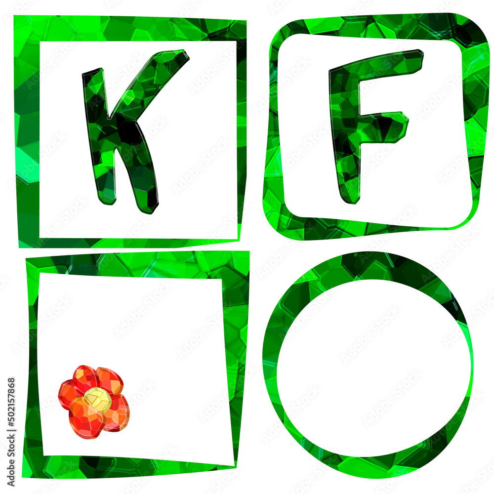 Clipart with different frames. Frame for sublimation design. Green texture, mosaic.Malachite texture. A set of geometries. Abstraction. Flowers, Letters K,F Clipart with different frames. Frame for sublimation design. Green texture, mosaic.Malachite texture. A set of geometries. Abstraction. Flowers, Letters K,F