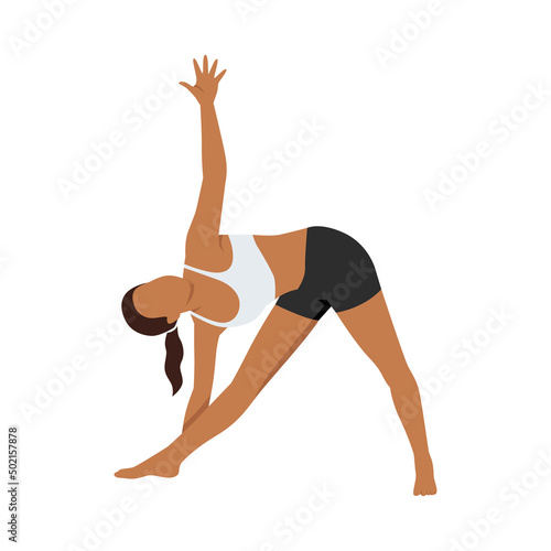 Woman doing extended Triangle pose or Utthita trikonasana exercise. Flat vector illustration isolated on white background