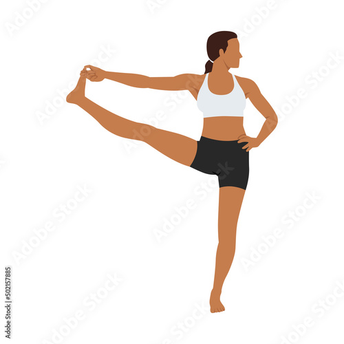 Woman doing extended hand to big toe pose utthita hasta padangusthasana exercise. Flat vector illustration isolated on white background