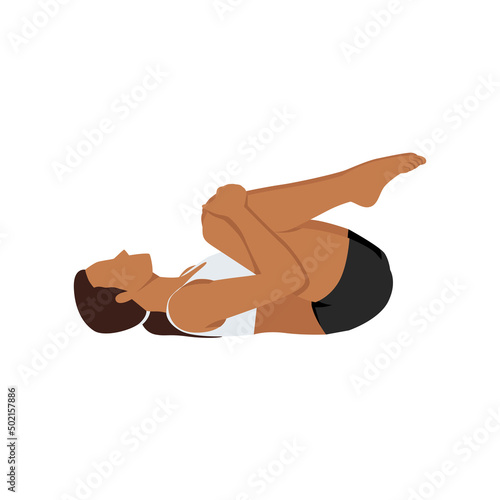 Woman doing knees to chest pose apanasana exercise. Flat vector illustration isolated on white background