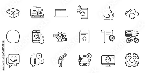 Outline set of Best app, Seo gear and Yummy smile line icons for web application. Talk, information, delivery truck outline icon. Include Heart rating, Open box, Food delivery icons. Vector