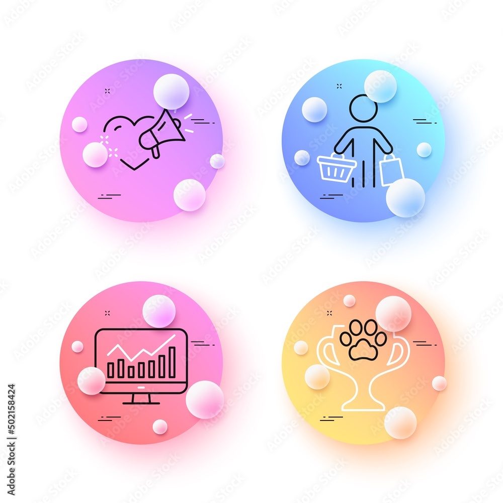 Winner cup, Buyer and Statistics minimal line icons. 3d spheres or balls buttons. Love message icons. For web, application, printing. Dog competition, Shopping customer, Financial report. Vector Winner cup, Buyer and Statistics minimal line icons. 3d spheres or balls buttons. Love message icons. For web, application, printing. Dog competition, Shopping customer, Financial report. Vector