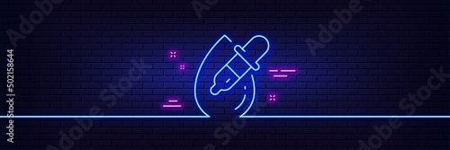 Neon light glow effect. Eye drops line icon. Oculist clinic sign. Optometry vision symbol. 3d line neon glow icon. Brick wall banner. Eye drops outline. Vector