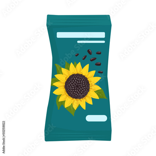 Pack of black sunflower seeds in peel. Fatty healthy food, delicious snacks, cooking nuts. Vector flat illustration