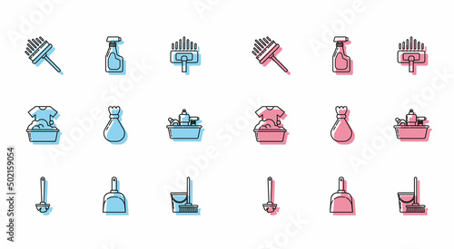Set line Toilet brush, Dustpan, Squeegee, scraper, wiper, Mop and bucket, Garbage bag, Plastic bottles for liquid dishwashing liquid, basin with soap suds and Cleaning spray detergent icon. Vector