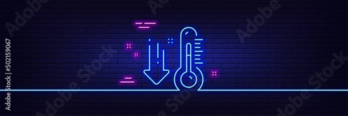 Neon light glow effect. Low thermometer line icon. Temperature diagnostic sign. Fever measuring symbol. 3d line neon glow icon. Brick wall banner. Low thermometer outline. Vector