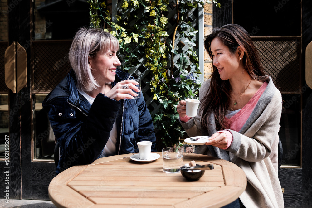Two multiracial mature women friends having a coffee. Two multiracial mature women friends having a coffee.