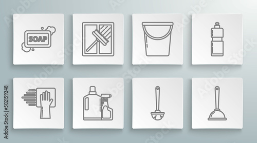 Set line Cleaning service, Squeegee, scraper, wiper, Plastic bottles for liquid dishwashing liquid, Toilet brush, plunger, Bucket, and Bar of soap with foam icon. Vector